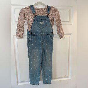 OshKosh B'gosh Pink Floral Long Sleeve Tee with Blue Denim Overalls